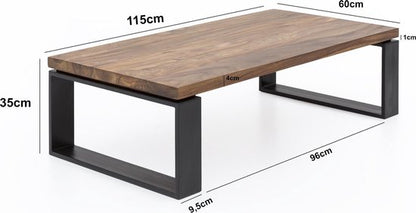 Salontafel WL5.650 Sheesham Massief houten salontafel 115x35x60 cm met metalen frame | Salontafel rechthoekig massief hout bruin | Houten tafel modern | Woonkamer met tafel