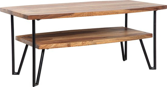 Salontafel 90x50x40 cm Sheesham massief hout/metaal Banktafel Rechthoekig | Design woonkamertafel salontafel met opbergruimte | Houten tafel woonkamer industrieel vierrond