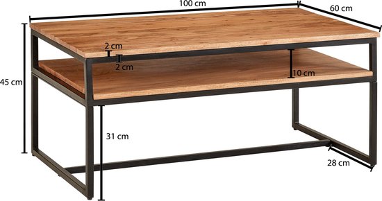salontafel 100x60x45 cm massief houten metalen salontafel salontafel acacia | IndustriÃ«le kamertafel met opbergruimte | Houten tafel, salontafel, massief