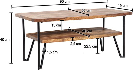 Salontafel 90x50x40 cm Sheesham massief hout/metaal Banktafel Rechthoekig | Design woonkamertafel salontafel met opbergruimte | Houten tafel woonkamer industrieel vierrond