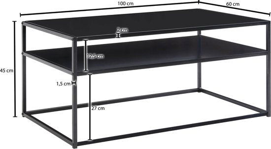 Coffee Table Metal 100x60x45 cm Rectangular Living Room Table Black with Storage | Industrial Living Room Table | Low Side Table Living Room Table