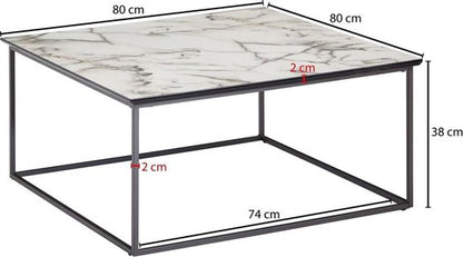 salontafel vierkant 80x38x80 cm met marmerlook wit | Salontafel met zwart metalen frame | Moderne decoratieve tafel