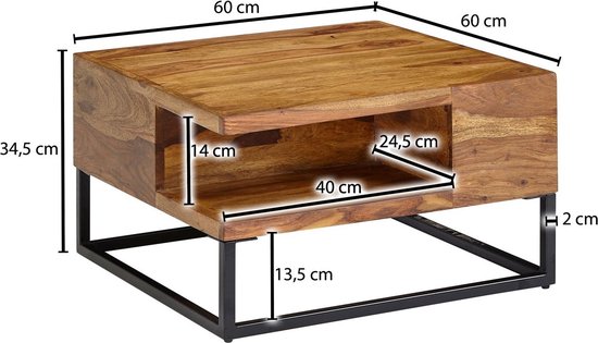 Koffietafel Massief Sheesham-Hout en Metaal 60x60x34,5 cm Salontafel Bruin | Vierkant Tafel Woonkamer Moderne met Opbergruimte | Kleine Bijzettafel Woonkamertafel