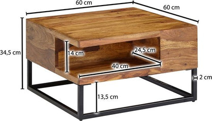 Koffietafel Massief Sheesham-Hout en Metaal 60x60x34,5 cm Salontafel Bruin | Vierkant Tafel Woonkamer Moderne met Opbergruimte | Kleine Bijzettafel Woonkamertafel