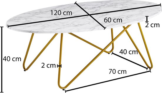 salontafel 120x40x60 cm met marmerlook wit | Salontafel met metalen frame | Salontafel ovale tafel woonkamer | Lounge tafel