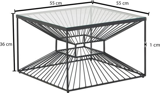 Koffietafel Glas en Metaal 55x55x36 cm Salontafel Zwart | Tafel Woonkamer Vierkant | Woonkamertafel Modern | Kleine Bijzettafel