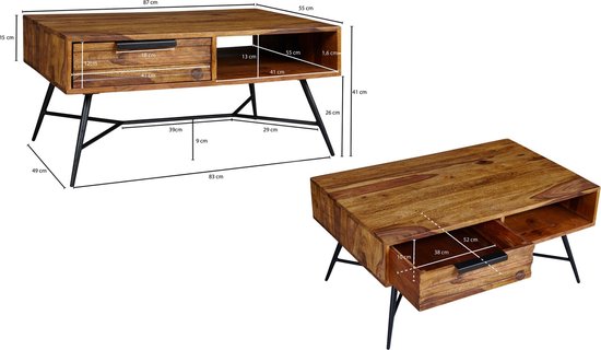 salontafel Nishan 87 x 41 x 55 cm Sheesham Wood | Ontwerp houten tafel met opbergruimte en lade | Massief houten salontafel IndustriÃ«le woonkamertafel met metalen poten