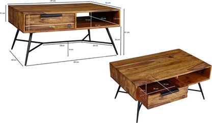 salontafel Nishan 87 x 41 x 55 cm Sheesham Wood | Ontwerp houten tafel met opbergruimte en lade | Massief houten salontafel IndustriÃ«le woonkamertafel met metalen poten
