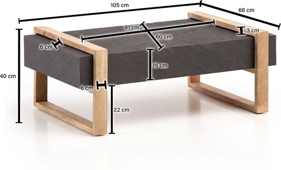 salontafel 105x66x40 cm mango massief hout/steenlook salontafel antraciet | Design woonkamertafel, salontafel, massieve Tafel Woonkamer Rechthoekig Modern