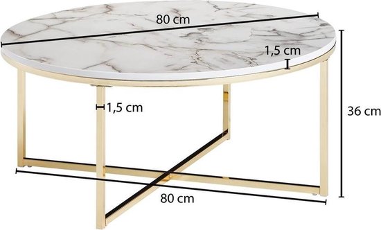 salontafel 80x36x80 cm met marmerlook wit | Salontafel met metalen frame | Salontafel ronde tafel woonkamer | Zijtafel