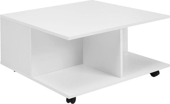 design salontafel 70x70 cm wit | Salontafel met 2 laden | Salontafel met wielen | Tafel met 2 compartimenten