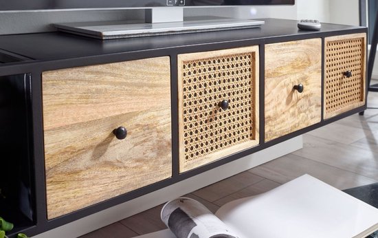 HiFi Lowboard Hangend Mango Massief Hout / Metaal 150x25x35 cm TV-Dressoir Zwart | Design TV-Meubel Modern | TV-Tafel Wand | TV-Bord Woonkamer