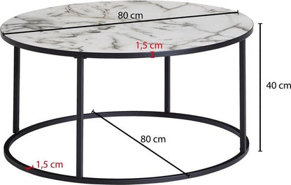 salontafel rond 80x40x80 cm met marmerlook wit | Salontafel met zwart metalen frame | Moderne decoratieve tafel