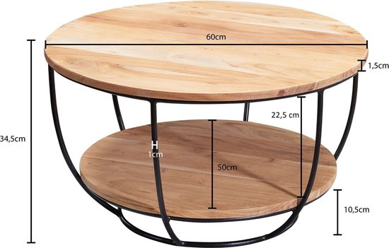 salontafel 60x34,5x60 cm acacia massief houten / metalen salontafel | Design woonkamer tafel rond | Lounge tafel Industrial Brown | Tafel met plank