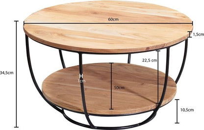 salontafel 60x34,5x60 cm acacia massief houten / metalen salontafel | Design woonkamer tafel rond | Lounge tafel Industrial Brown | Tafel met plank