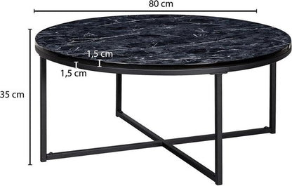 salontafel 80x36x80 cm met zwart marmerlook | Salontafel met metalen frame | Salontafel ronde tafel woonkamer | Zijtafel