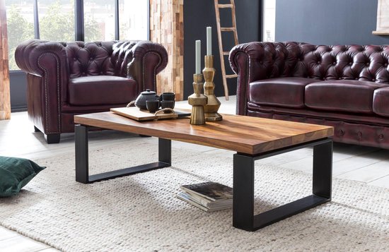 Salontafel WL5.650 Sheesham Massief houten salontafel 115x35x60 cm met metalen frame | Salontafel rechthoekig massief hout bruin | Houten tafel modern | Woonkamer met tafel