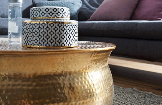 salontafel KARAM 75x31x75 cm aluminium gouden bijzettafel oosterse rond | Plat gehamerd koffietafeltje metaal Design salontafel modern | Tafel klein Indiaas stub tafel klein
