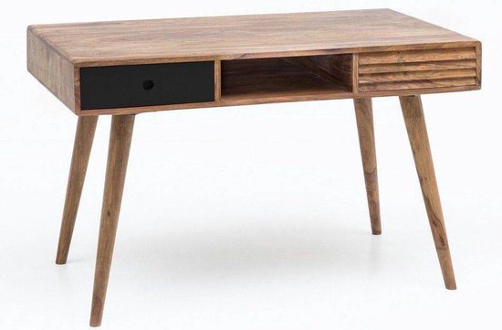 bureau REPA zwart 120 x 60 x 75 cm massief houten laptop tafel Sheesham Nature | Landelijke stijl bureau met 2 laden | Kantoor tafel Pc-tafel