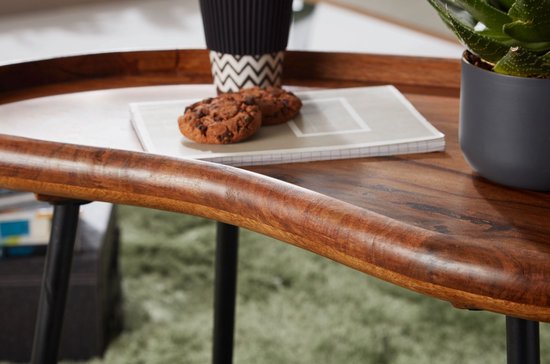 salontafel WL5.669 71x51x40 cm Sheesham massieve banktafel niervorm met metalen poten | Salontafel massief hout | Kleine niertafel echt hout | Stubentisch Holz | Bijzettafel Modern