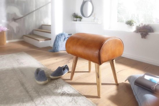 kruk echt leer / massief hout 45 x 53 x 40 cm moderne lederen kruk | Kleine gestoffeerde houten kruk Turnbock kruk met lederen bekleding