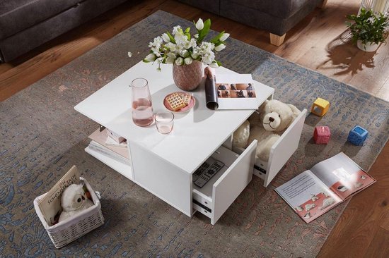 design salontafel 70x70 cm wit | Salontafel met 2 laden | Salontafel met wielen | Tafel met 2 compartimenten