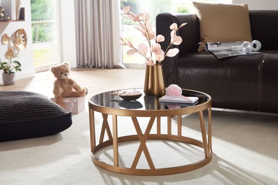 Koffietafel Glas en Metaal 60x60x30 cm Salontafel Goud | Tafel Woonkamer Rond | Woonkamertafel Modern | Kleine Bijzettafel