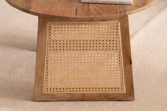Salontafel 65x65x40 cm Mango Massief Hout / Rotan Bruin Banktafel Rond | Design woonkamertafel Weens vlechtwerk | Salontafel woonkamer modern