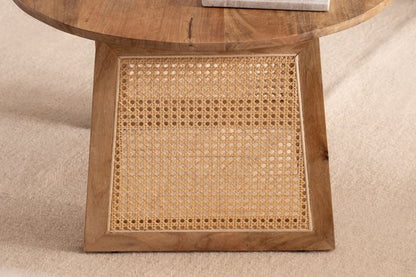 Salontafel 65x65x40 cm Mango Massief Hout / Rotan Bruin Banktafel Rond | Design woonkamertafel Weens vlechtwerk | Salontafel woonkamer modern