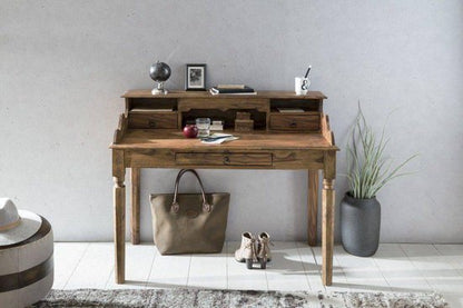 bureau KADA massief hout Sheesham | Secretaresse 115 x 100 x 60 cm met 3 laden | Console tafel in landelijke stijl