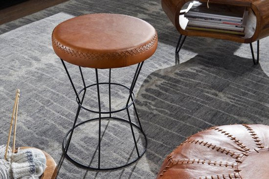 kruk echt leer / metaal 35 x 48 x 35 cm design kruk rond | Decoratieve kruk met lederen bekleding Moderne lederen kruk bekleed in bruin