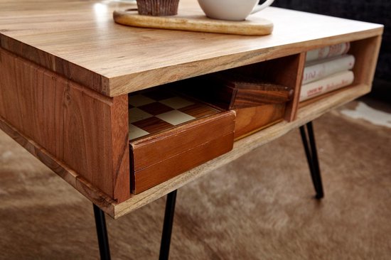 salontafel 60x40x60 cm acacia massief hout / metalen design salontafel hoekig | Houten tafel met opbergruimte | Salontafel hout vierkant bruin