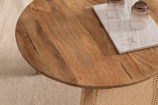 Salontafel 65x65x40 cm Mango Massief Hout / Rotan Bruin Banktafel Rond | Design woonkamertafel Weens vlechtwerk | Salontafel woonkamer modern
