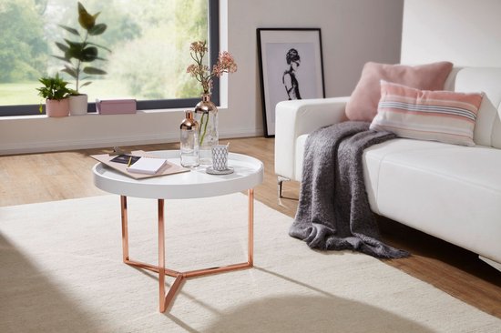 salontafel EVA 58,5x42x58,5cm wit / koperen salontafel metaal rond | Design retro salontafel modern | Kleine loungetafel met metalen frame | Ronde dienbladlijst met houten plaat