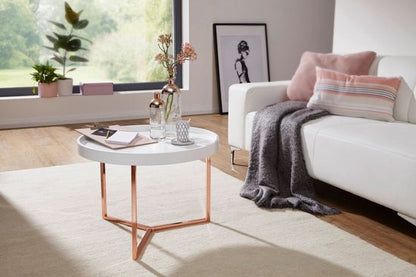 salontafel EVA 58,5x42x58,5cm wit / koperen salontafel metaal rond | Design retro salontafel modern | Kleine loungetafel met metalen frame | Ronde dienbladlijst met houten plaat