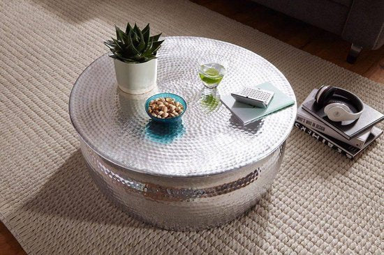 coffee table KARAM 75x31x75cm aluminum silver side table oriental round | Flat hammered coffee table metal Design coffee table modern | Table small Indian stub table small