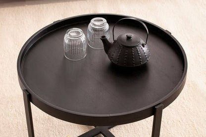 Salontafel 60x60x35 cm Mango Massief Hout / Metaal Zwart Salontafel Rond | Design woonkamertafel met opstaande rand | IndustriÃ«le salontafel woonkamer modern