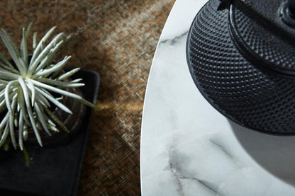 salontafel 80x36x80 cm met marmerlook wit | Salontafel met metalen frame | Salontafel ronde tafel woonkamer | Zijtafel