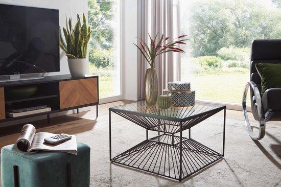 Koffietafel Glas en Metaal 55x55x36 cm Salontafel Zwart | Tafel Woonkamer Vierkant | Woonkamertafel Modern | Kleine Bijzettafel