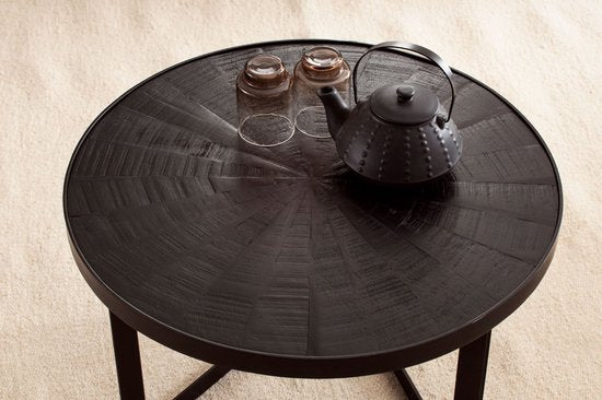 Salontafel 58x58x40 cm Mango Massief Hout / Metaal Zwart Salontafel Rond | Design woonkamertafel Industrieel | Salontafel woonkamer massief met houtpatroon