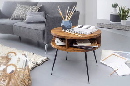 table Sheesham solid wood / metal 60x45x60 cm table living room | Design side table with shelf Small coffee table round brown