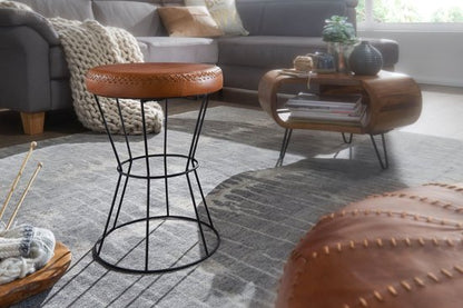 kruk echt leer / metaal 35 x 48 x 35 cm design kruk rond | Decoratieve kruk met lederen bekleding Moderne lederen kruk bekleed in bruin