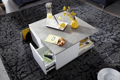 design salontafel 70x70 cm cement grijs / wit | Salontafel met 2 laden | Salontafel met wielen | Tafel met 2 compartimenten