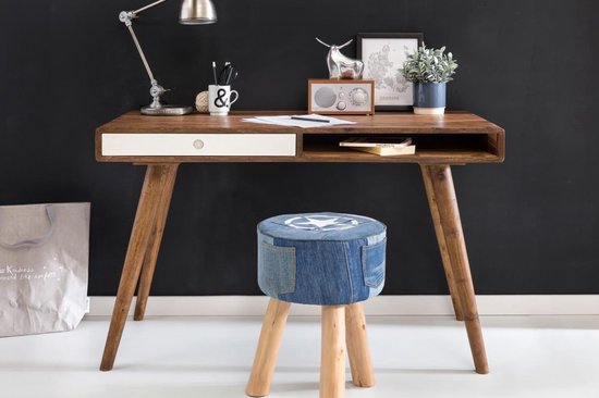 bureau REPA wit 120 x 60 x 75 cm massief houten laptop tafel Sheesham Nature | Landelijke stijl werktafel met 1 lade | Kantoor tafel Pc-tafel