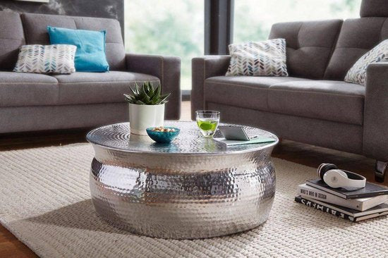 coffee table KARAM 75x31x75cm aluminum silver side table oriental round | Flat hammered coffee table metal Design coffee table modern | Table small Indian stub table small
