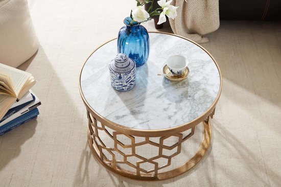 Koffietafel Echt Marmer en Metaal 60x60x36 cm Salontafel Wit Goud | Tafel Woonkamer Rond | Woonkamertafel Modern | Kleine Bijzettafel