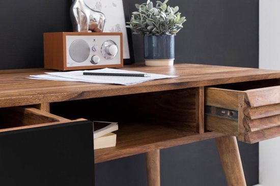 bureau REPA zwart 120 x 60 x 75 cm massief houten laptop tafel Sheesham Nature | Landelijke stijl bureau met 2 laden | Kantoor tafel Pc-tafel