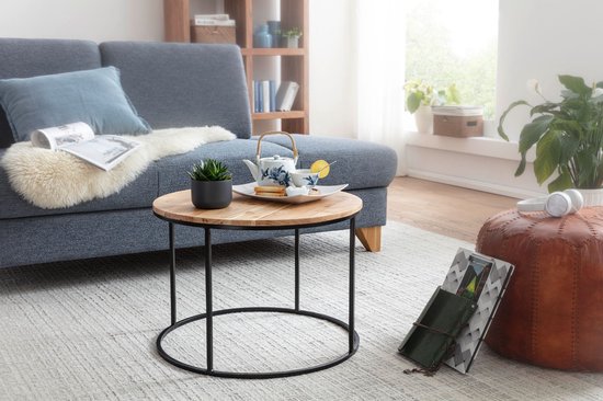 salontafel 60x43x60 cm acacia massief houten / metalen salontafel | Design woonkamer tafel rond | Massieve salontafel | Kleine tafel woonkamer