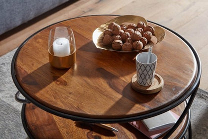 Koffietafel Massief Sheesham-Hout en Metaal 58x58x40,5 cm Salontafel Bruin | Ronde Tafel Woonkamer Moderne met Opbergruimte | Kleine Bijzettafel Woonkamertafel