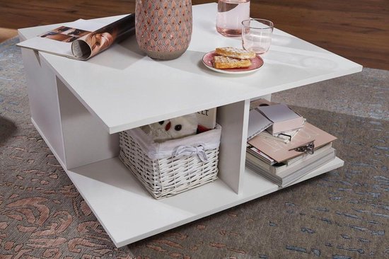 design salontafel 70x70 cm wit | Salontafel met 2 laden | Salontafel met wielen | Tafel met 2 compartimenten